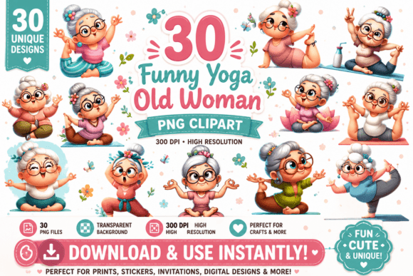 30 Yoga Old Woman - Whimsical Clipart: Vibrant Design Assets