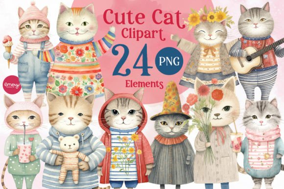Cute Cat Clipart 24 Elements - PNG