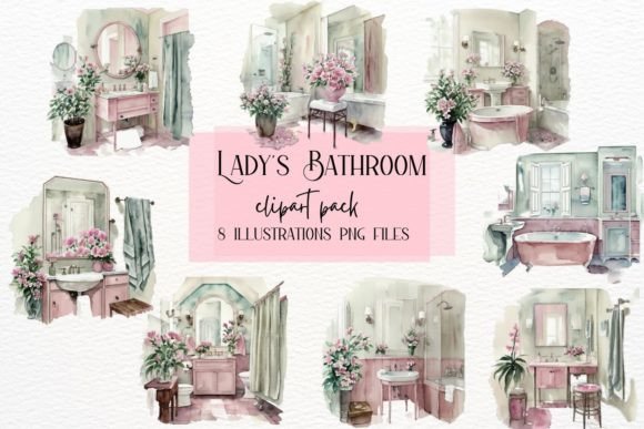 Elegant Watercolor Bathroom Interior Clipart