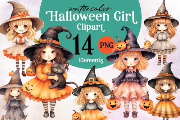 Halloween Girl Clipart: 14 PNG Elements for Creative Design