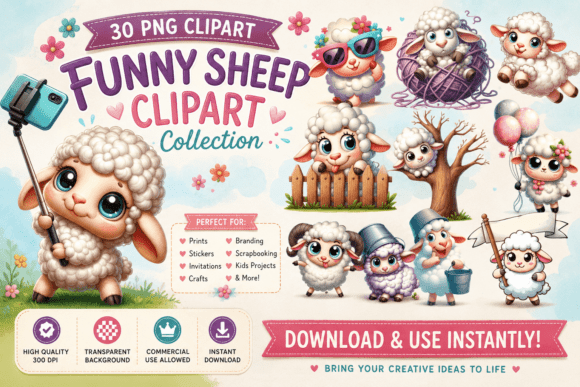 Whimsical Funny Sheep Clipart: 30 Playful Designs